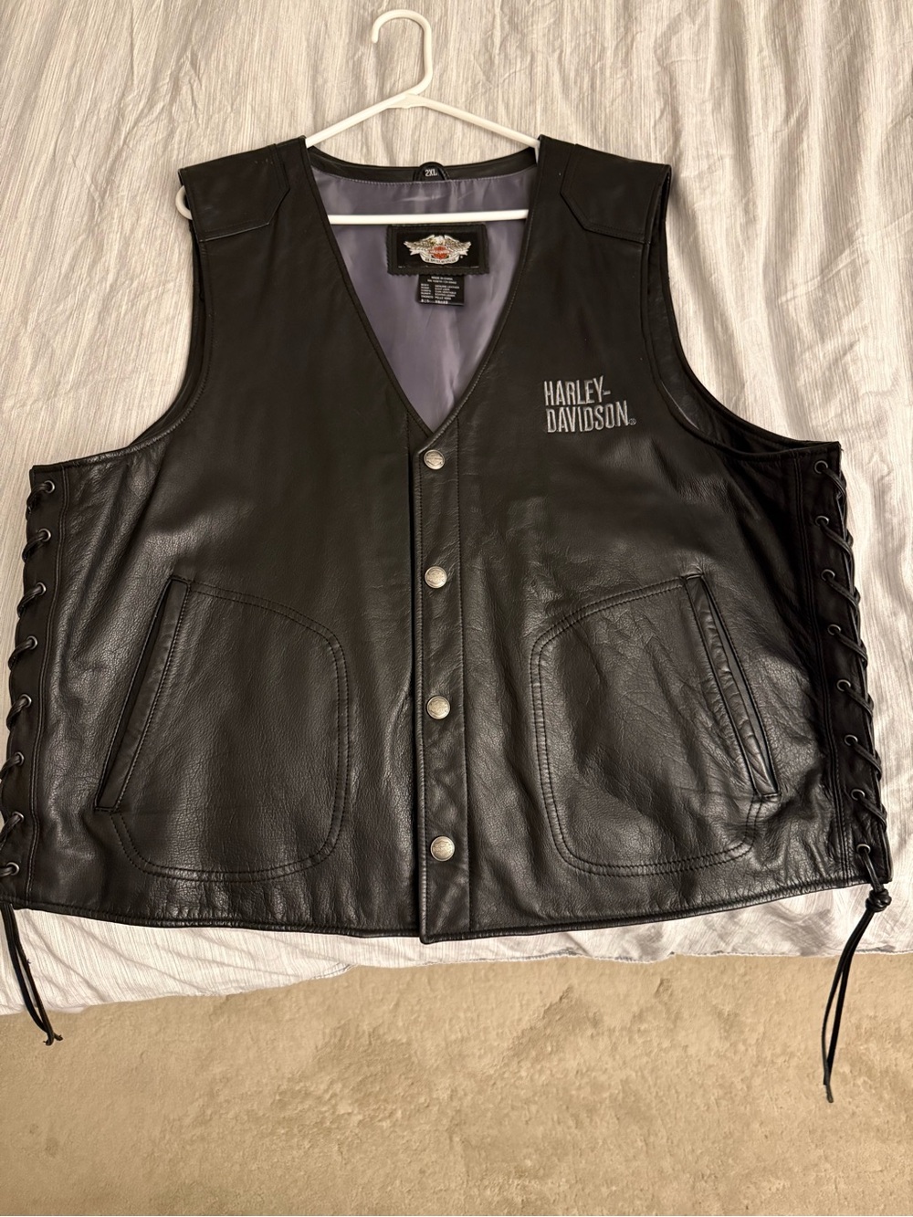 Harley-Davidson Black Leather Snap-Front Vest with Side Lacing
